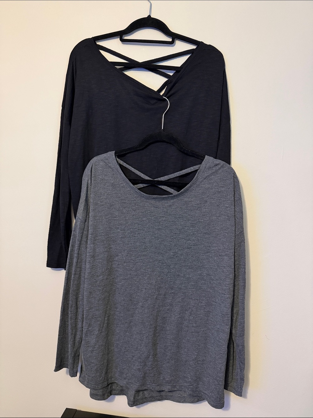 Xersion Long Sleeve Crisscross Back Tees in Black & Gray both for $12